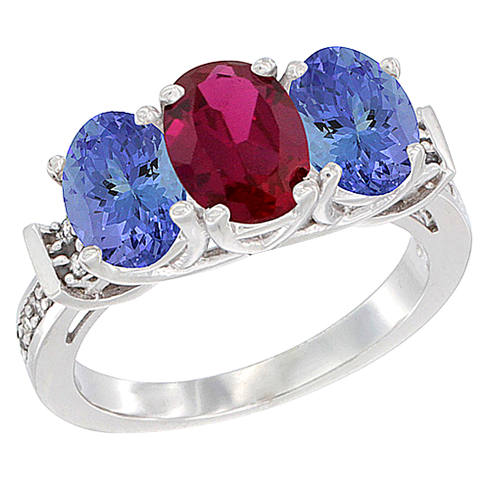 10K White Gold Enhanced Ruby &amp; Tanzanite Sides Ring 3-Stone Oval Diamond Accent, sizes 5 - 10