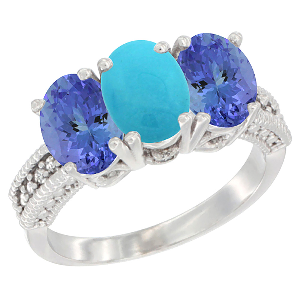 10K White Gold Diamond Natural Turquoise &amp; Tanzanite Ring 3-Stone 7x5 mm Oval, sizes 5 - 10