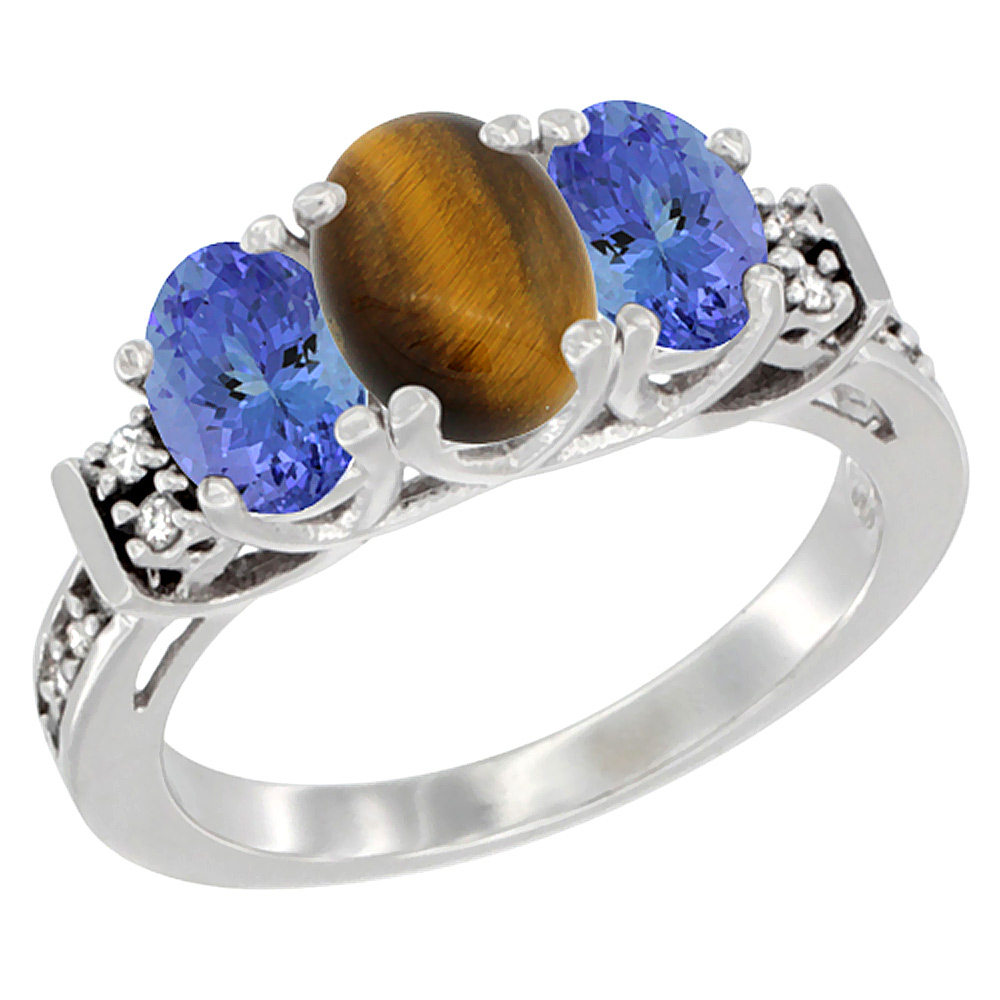 14K White Gold Natural Tiger Eye & Tanzanite Ring 3-Stone Oval Diamond Accent, sizes 5-10