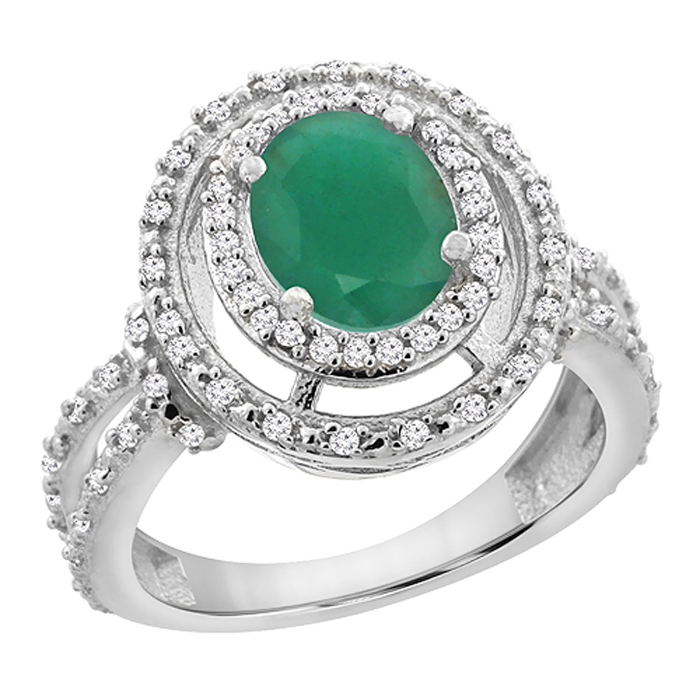 14K White Gold Diamond Double Halo Natural Quality Emerald Engagement Ring Oval 8x6 mm, size 5 - 10