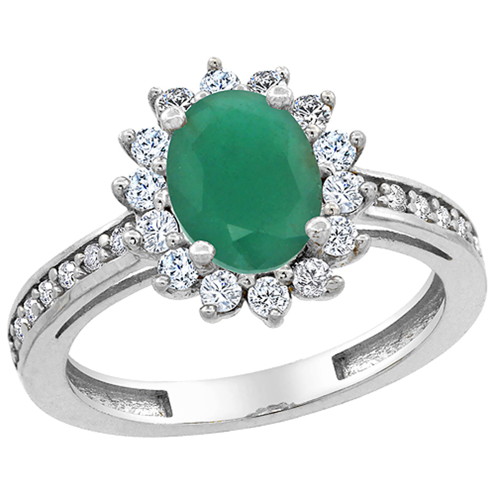 14K White Gold Diamond Floral Halo Natural Quality Emerald Engagement Ring Oval 8x6mm, size 5 - 10