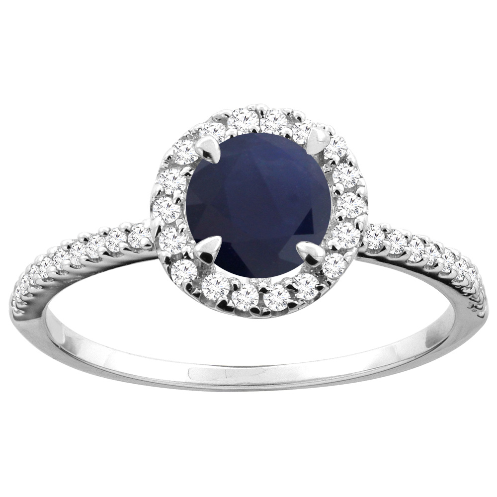 14K Gold Diamond Natural Quality Blue Sapphire Engagement Ring Round 6mm, size 5 - 10