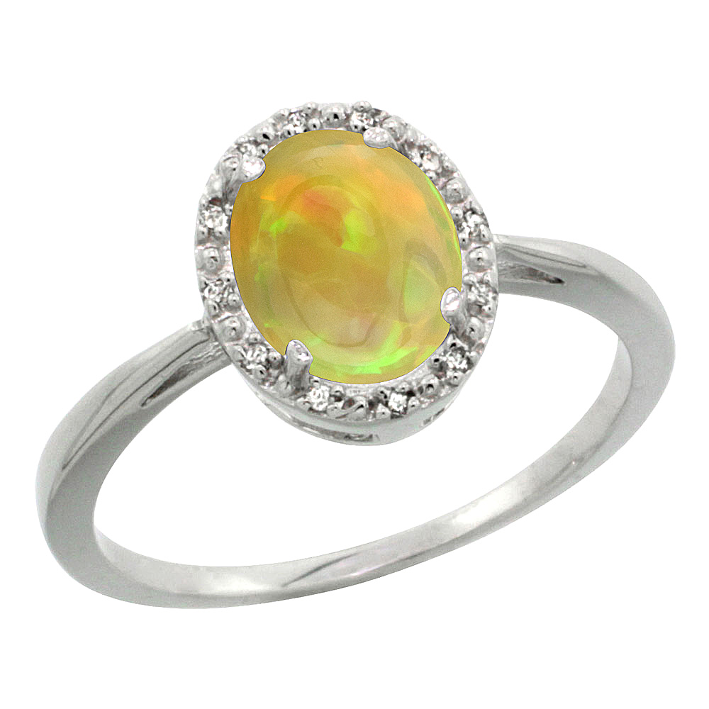 10K White Gold Diamond Halo Natural Ethiopian Opal Engagement Ring Oval 8x6 mm, size 5-10