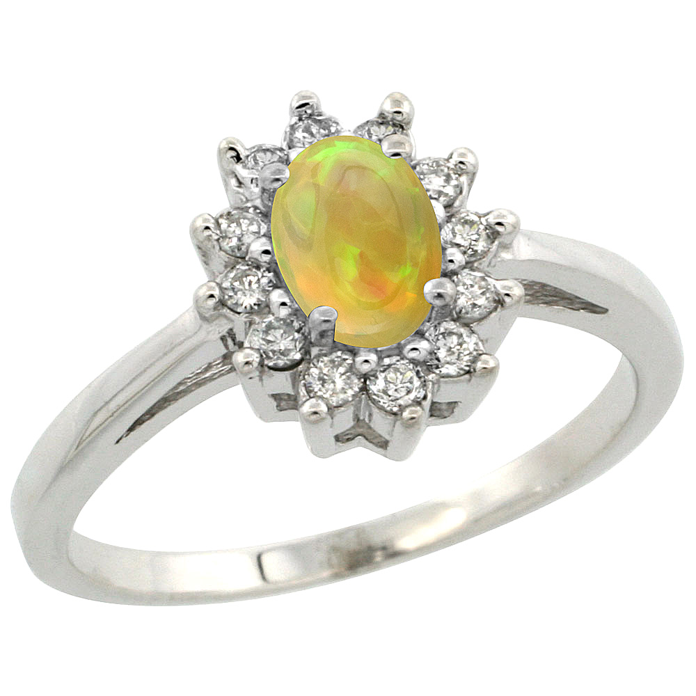 14K White Gold Natural Ethiopian Opal Flower Diamond Halo Ring Oval 6x4 mm, sizes 5 10