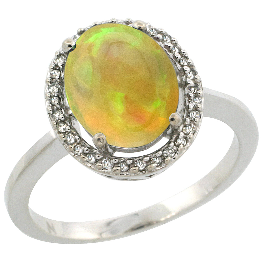 10K White Gold Diamond Halo Natural Ethiopian Opal Engagement Ring Oval 10x8 mm, size 5-10