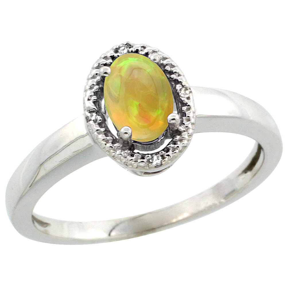 10K Yellow Gold Diamond Halo Natural Ethiopian Opal Engagement Ring Oval 6x4 mm, size 5-10