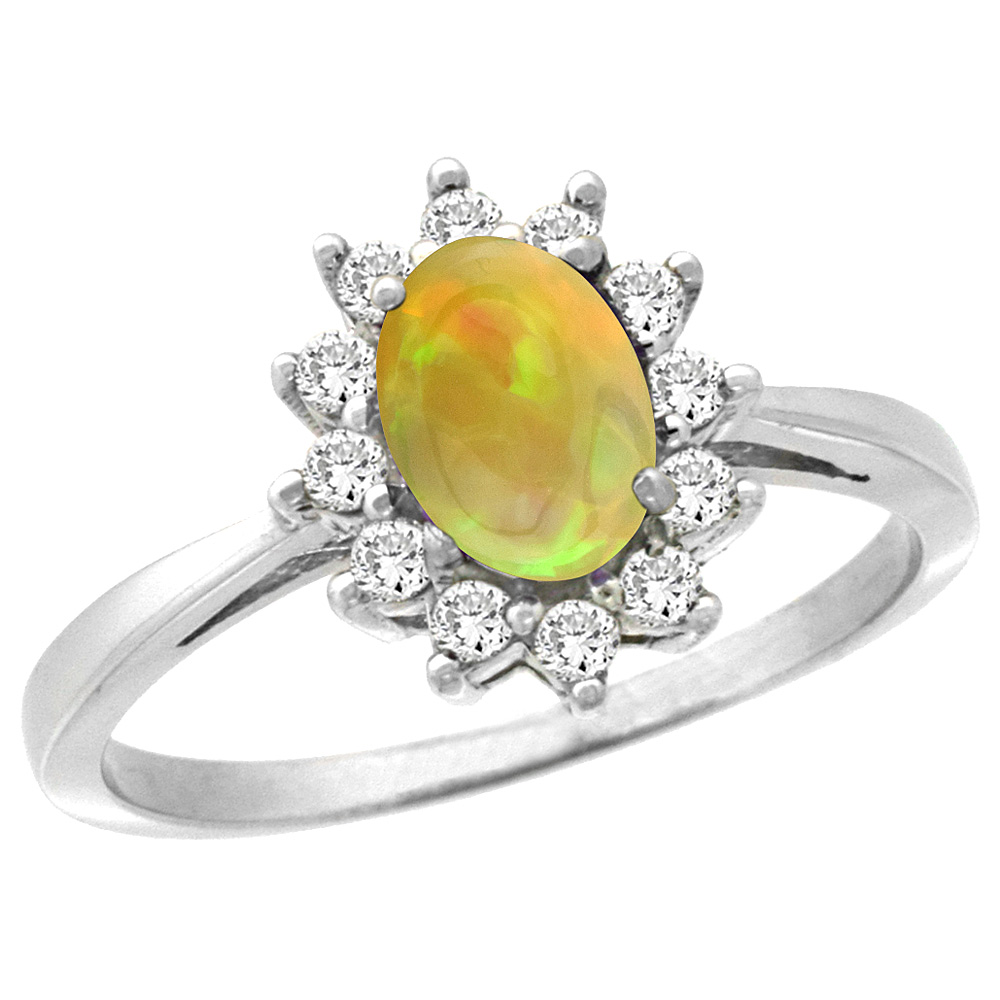 14K White Gold Diamond Halo Natural Ethiopian Opal Engagement Ring Oval 7x5mm, size 5-10