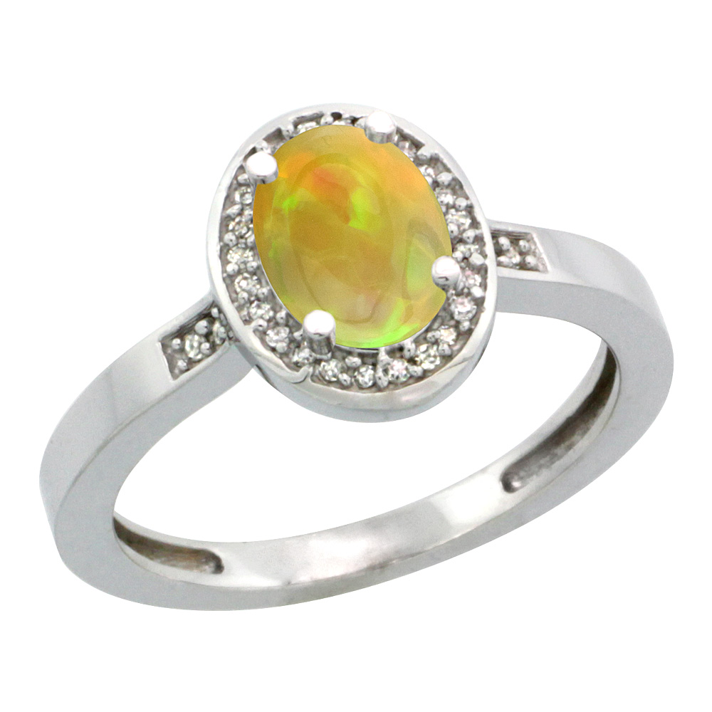 10K White Gold Diamond Natural Ethiopian Opal Engagement Ring Oval 7x5mm, size 5-10