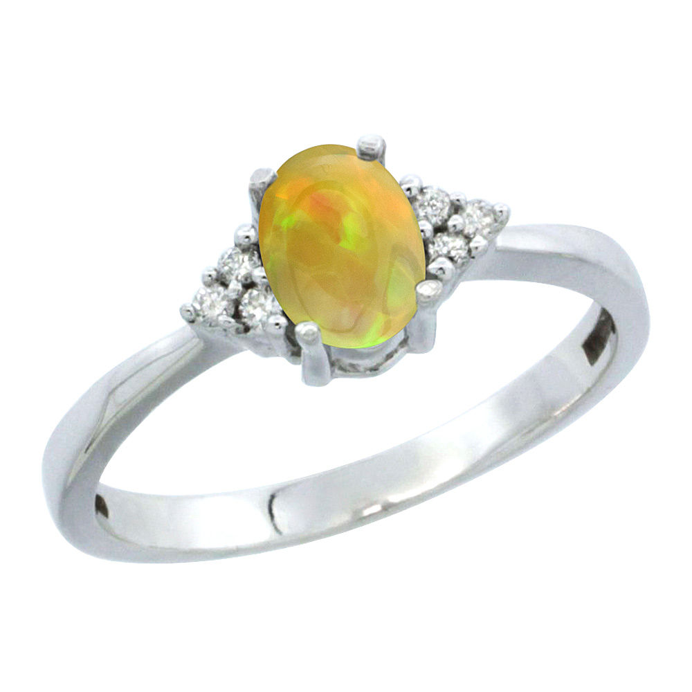 10K Yellow Gold Diamond Natural Ethiopian Opal Engagement Ring Oval 6x4mm, size 5-10