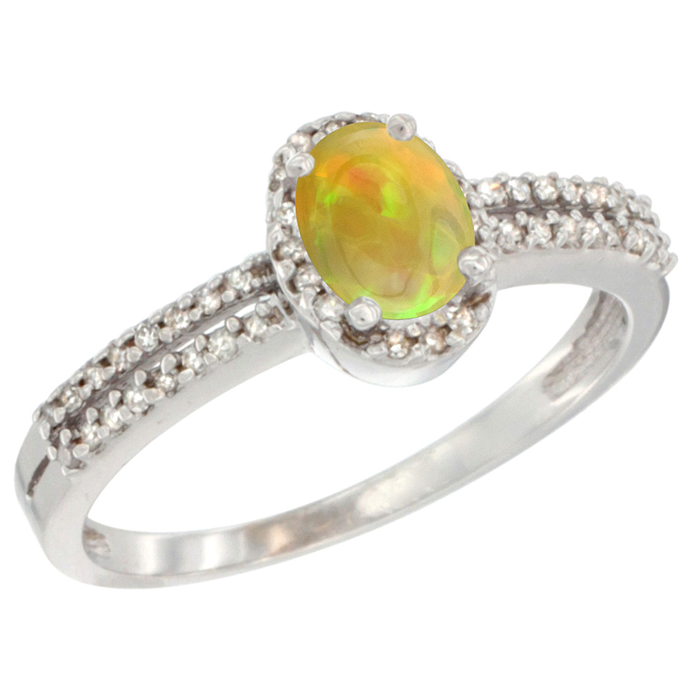 14K White Gold Diamond Natural Ethiopian Opal Engagement Ring Oval 6x4mm, size 5-10
