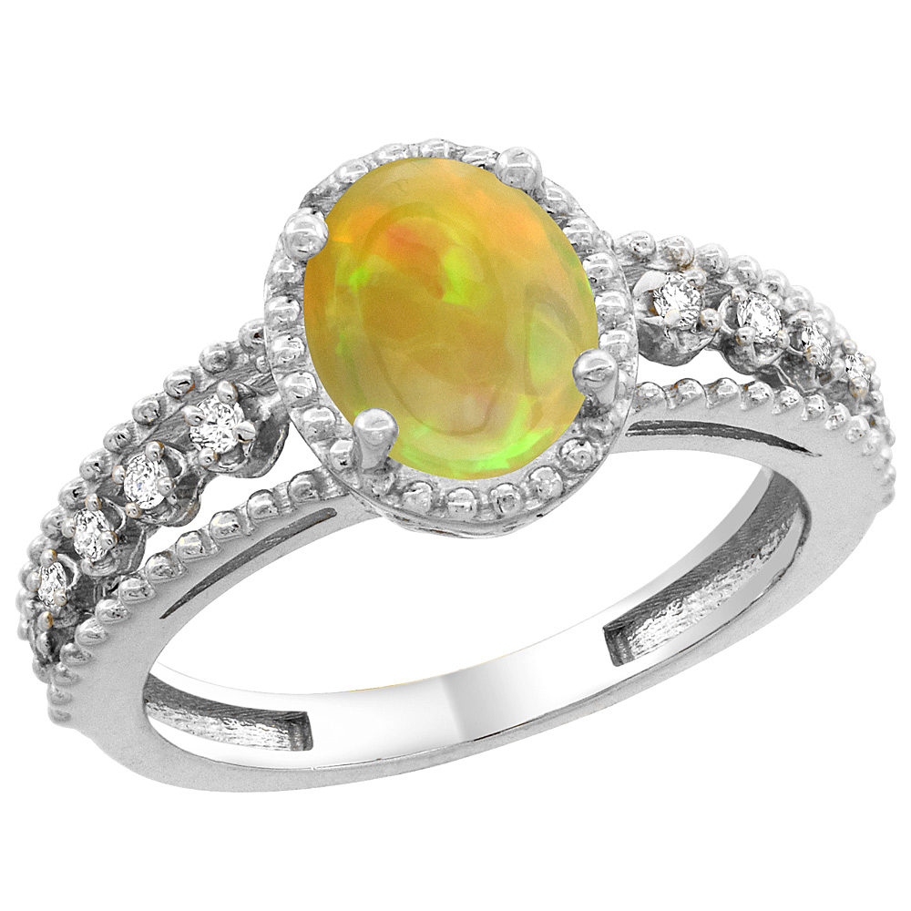 10K Yellow Gold Diamond Natural Ethiopian Opal Engagement Ring Oval 9x7 mm, size 5 - 10