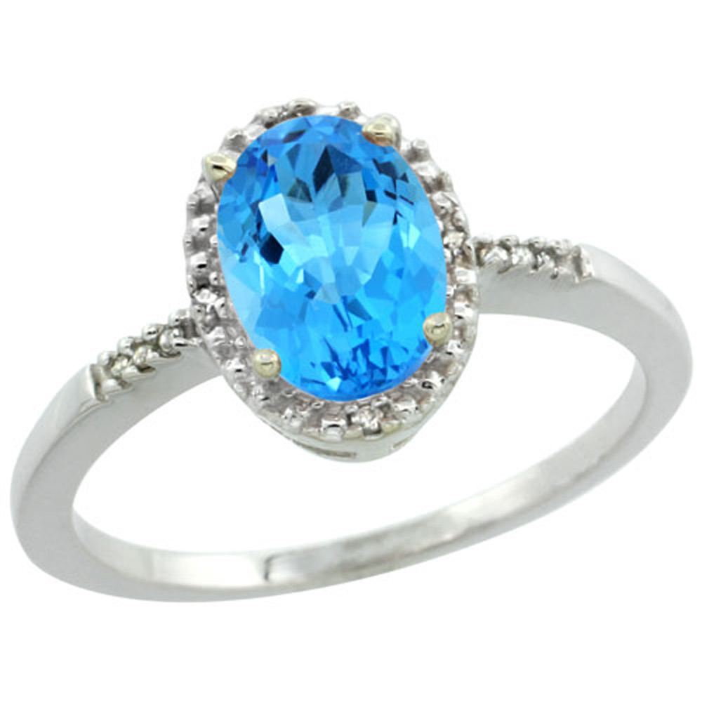 Sterling Silver Diamond Natural Swiss Blue Topaz Ring Oval 8x6mm, 3/8 inch wide, sizes 5-10