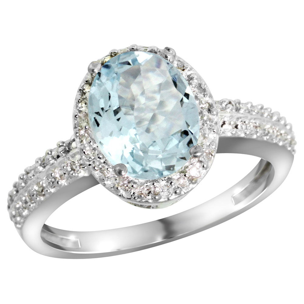 Sterling Silver Diamond Natural Aquamarine Ring Oval 9x7mm, 1/2 inch wide, sizes 5-10