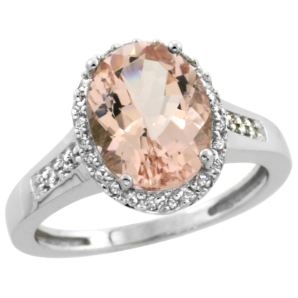 Sterling Silver Diamond Natural Morganite Ring Oval 10x8mm, 1/2 inch wide, sizes 5-10
