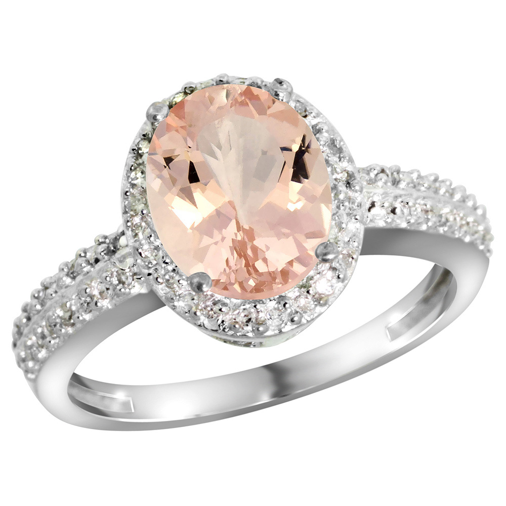 Sterling Silver Diamond Natural Morganite Ring Oval 9x7mm, 1/2 inch wide, sizes 5-10