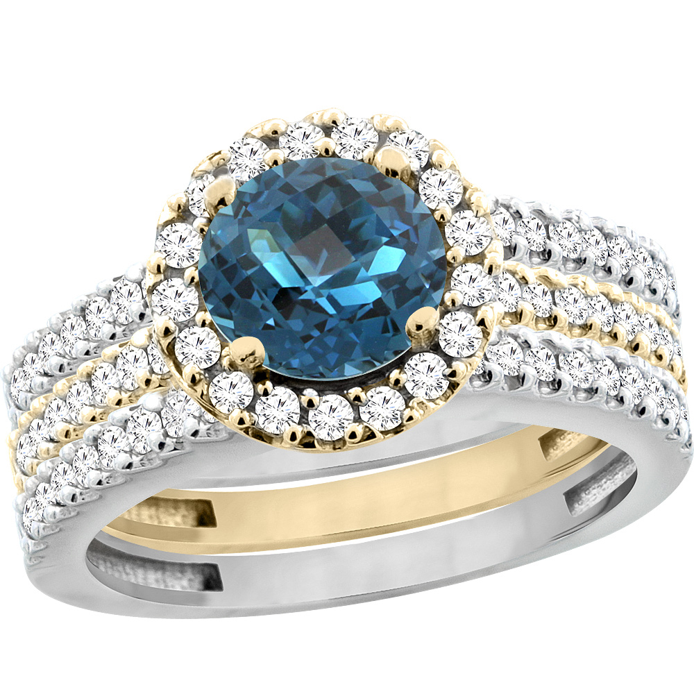 10K Gold Natural London Blue Topaz 3-Piece Ring Set Two-tone Round 6mm Halo Diamond, sizes 5 - 10