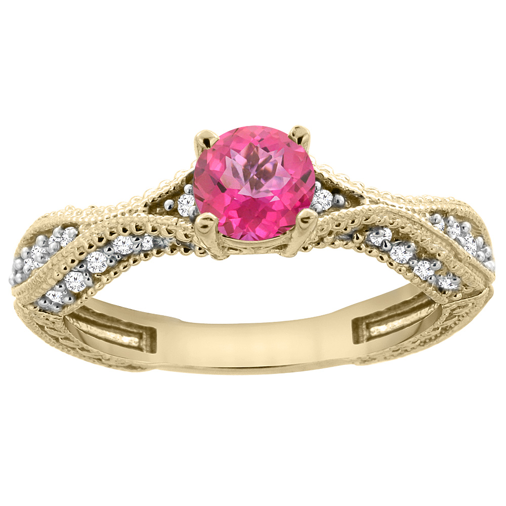 14K Yellow Gold Natural Pink Topaz Round 5mm Engraved Engagement Ring Diamond Accents, sizes 5 - 10