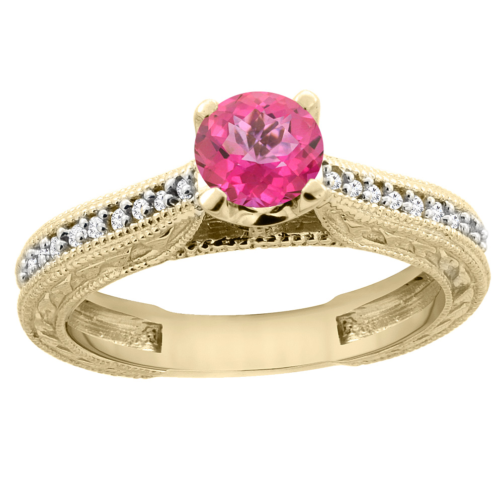 14K Yellow Gold Natural Pink Topaz Round 5mm Engraved Engagement Ring Diamond Accents, sizes 5 - 10