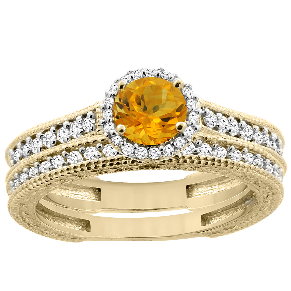 14K Yellow Gold Natural Citrine Round 5mm Engagement Ring 2-piece Set Diamond Accents, sizes 5 - 10