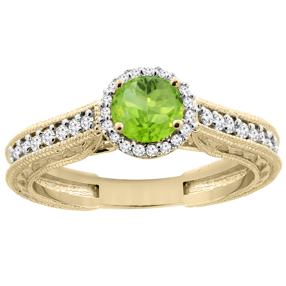 14K Yellow Gold Natural Peridot Round 5mm Engraved Engagement Ring Diamond Accents, sizes 5 - 10