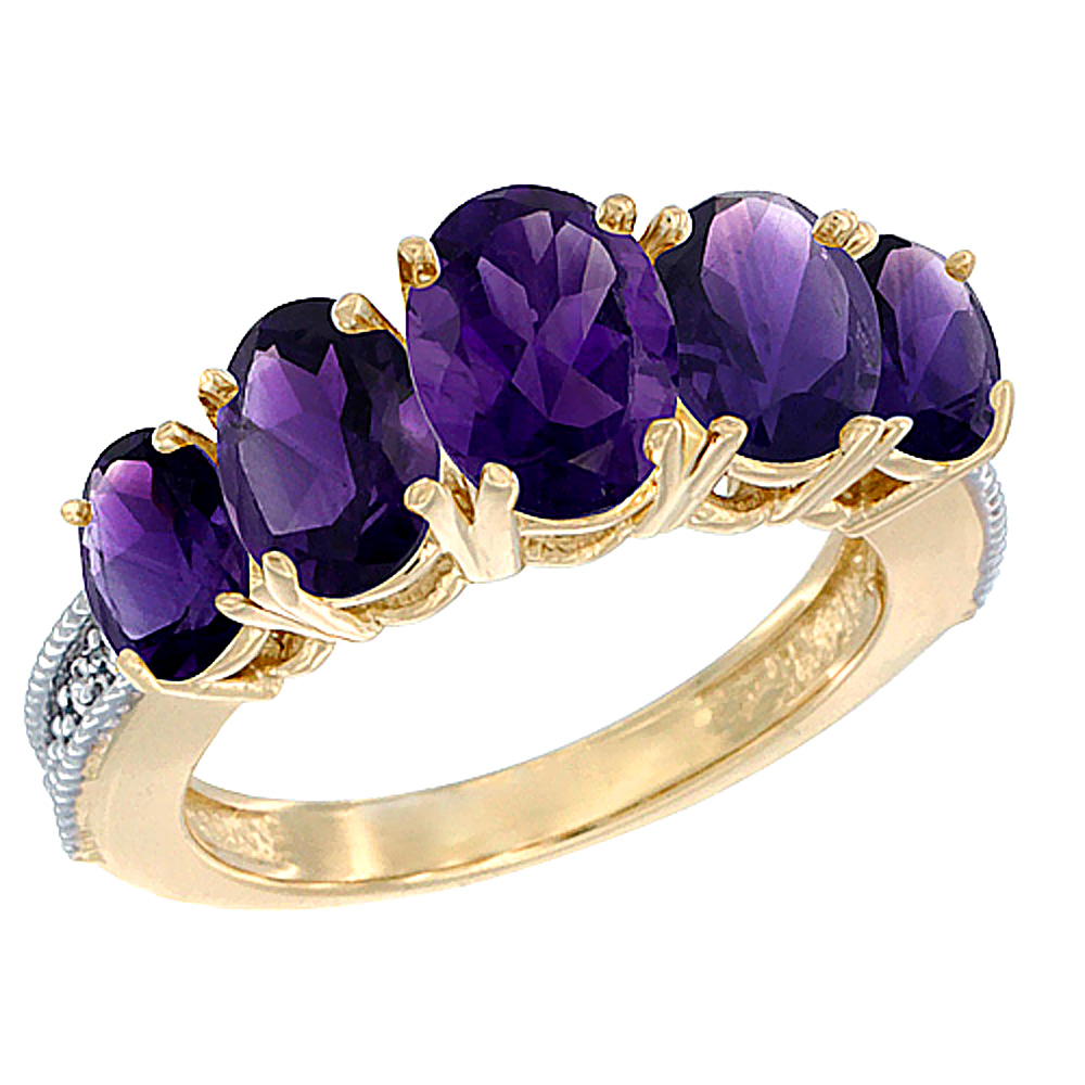 10K Yellow Gold Diamond Natural Amethyst Ring 5-stone Oval 8x6 Ctr,7x5,6x4 sides, sizes 5 - 10