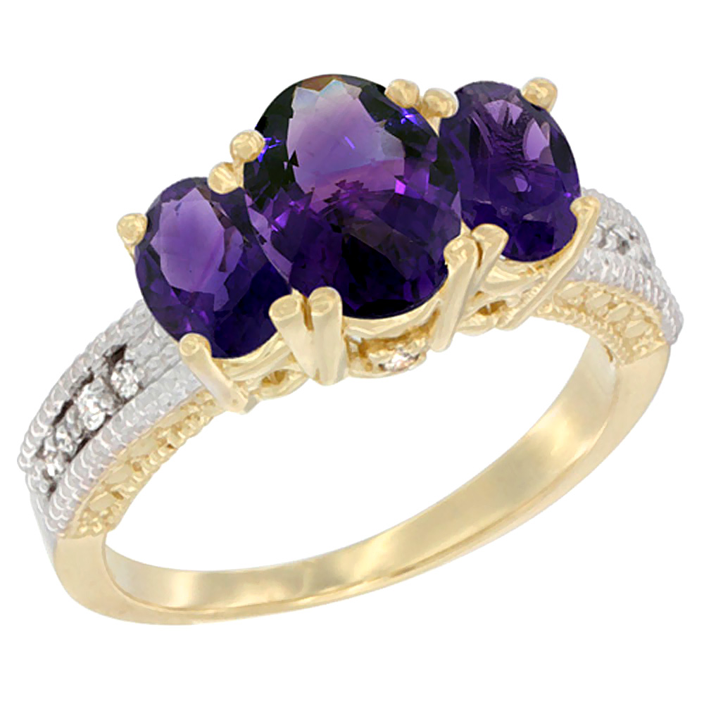 14K Yellow Gold Diamond Natural Amethyst Ring Oval 3-stone, sizes 5 - 10