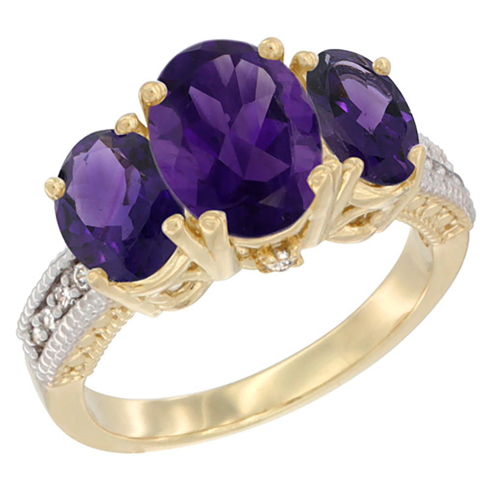 14K Yellow Gold Diamond Natural Amethyst Ring 3-Stone Oval 8x6mm, sizes5-10