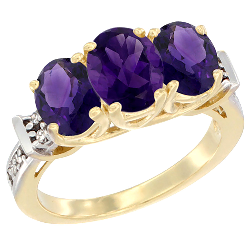 14K Yellow Gold Natural Amethyst Ring 3-Stone Oval Diamond Accent, sizes 5 - 10
