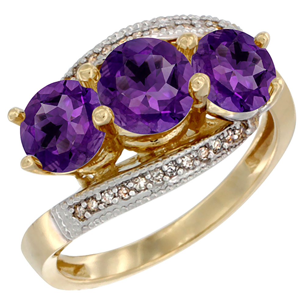 14K Yellow Gold Natural Amethyst 3 stone Ring Round 6mm Diamond Accent, sizes 5 - 10