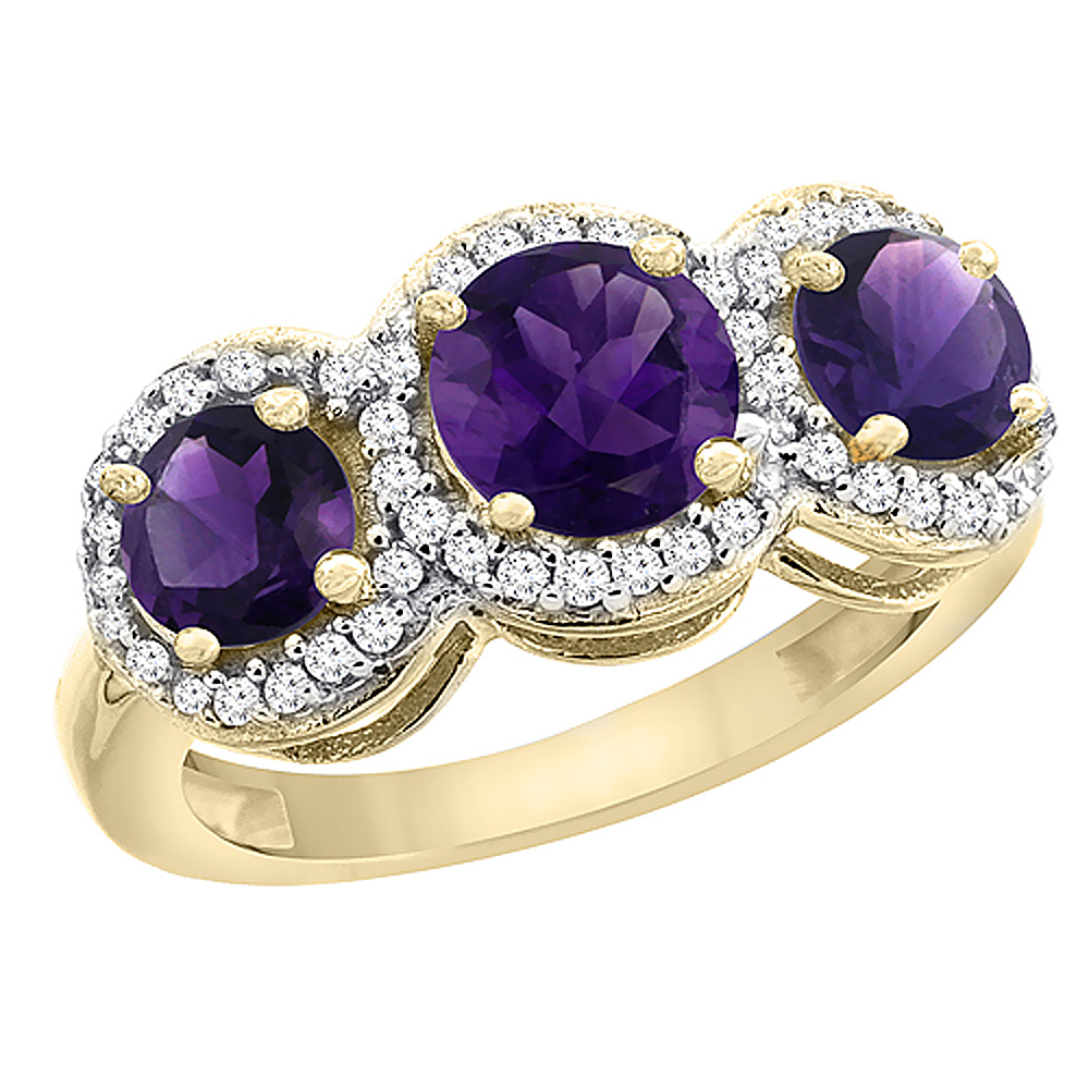 14K Yellow Gold Natural Amethyst Round 3-stone Ring Diamond Accents, sizes 5 - 10