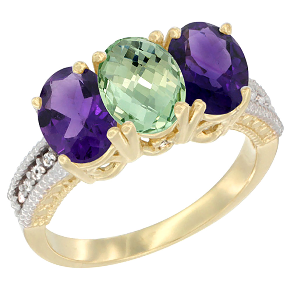 14K Yellow Gold Natural Purple &amp; Green Amethysts Ring 3-Stone 7x5 mm Oval Diamond Accent, sizes 5 - 10