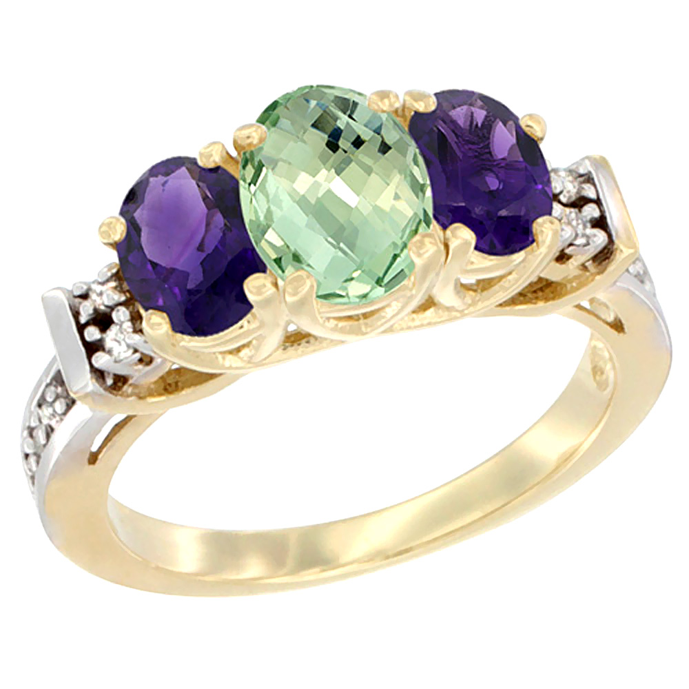 10K Yellow Gold Natural Purple &amp; Green Amethysts Ring 3-Stone Oval Diamond Accent