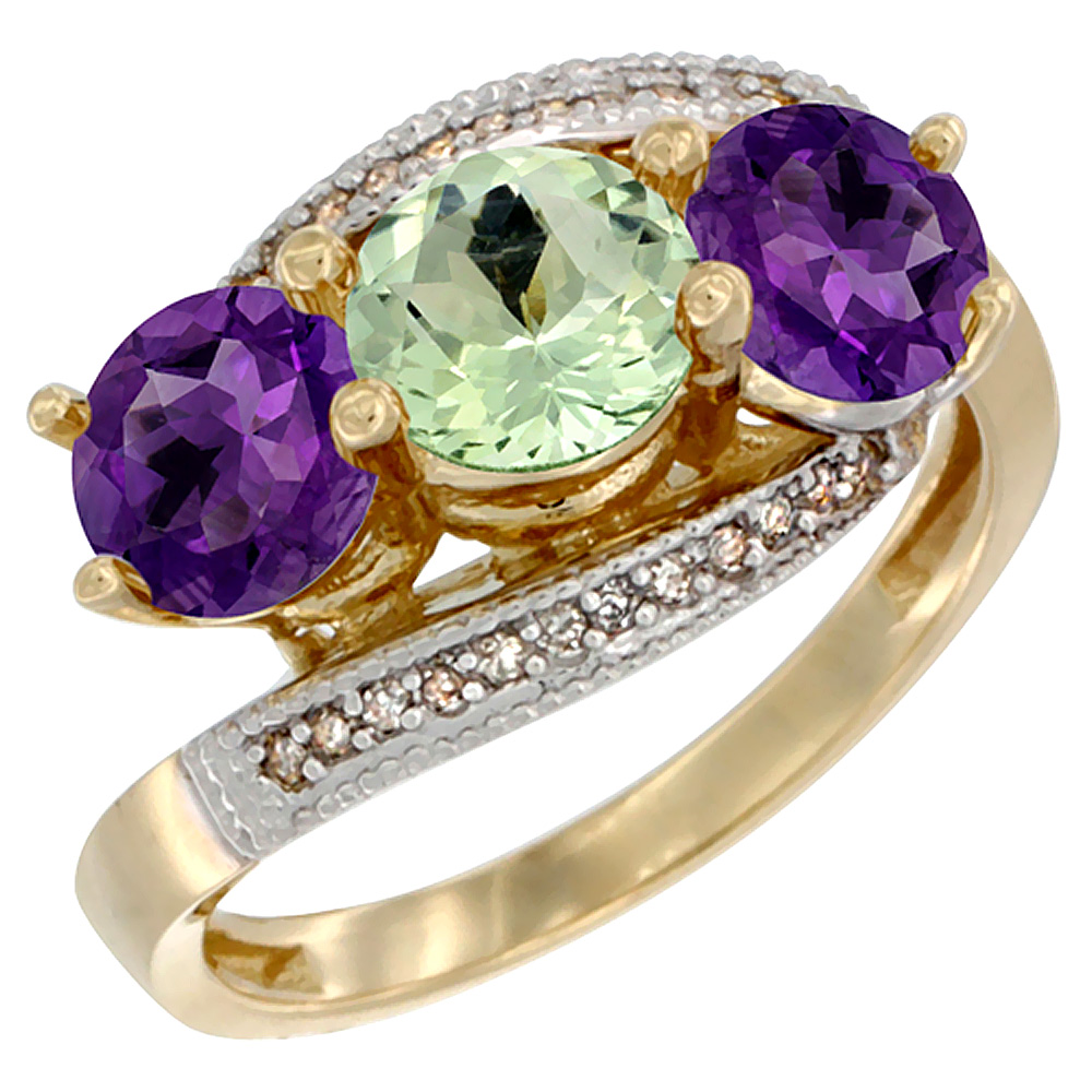 14K Yellow Gold Natural Green &amp; Purple Amethysts 3 stone Ring Round 6mm Diamond Accent, sizes 5 - 10