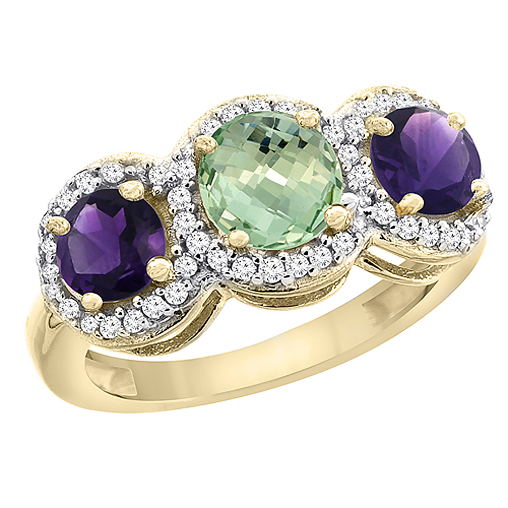 14K Yellow Gold Natural Green Amethyst &amp; Amethyst Sides Round 3-stone Ring Diamond Accents, sizes 5 - 10