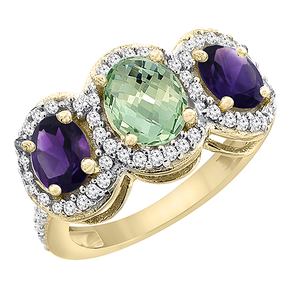 10K Yellow Gold Natural Green Amethyst &amp; Purple Amethyst 3-Stone Ring Oval Diamond Accent, sizes 5 - 10