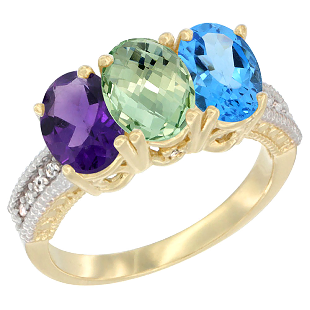 14K Yellow Gold Natural Amethyst, Green Amethyst &amp; Swiss Blue Topaz Ring 3-Stone 7x5 mm Oval Diamond Accent, sizes 5 - 10