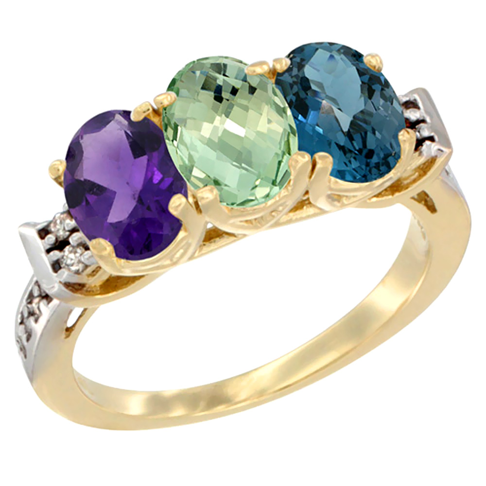 14K Yellow Gold Natural Amethyst, Green Amethyst &amp; London Blue Topaz Ring 3-Stone 7x5 mm Oval Diamond Accent, sizes 5 - 10