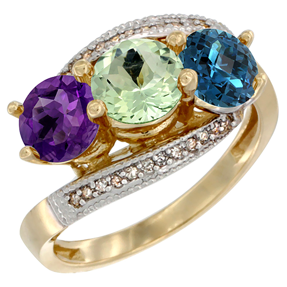 14K Yellow Gold Natural Amethyst, Green Amethyst &amp; London Blue Topaz 3 stone Ring Round 6mm Diamond Accent, sizes 5 - 10