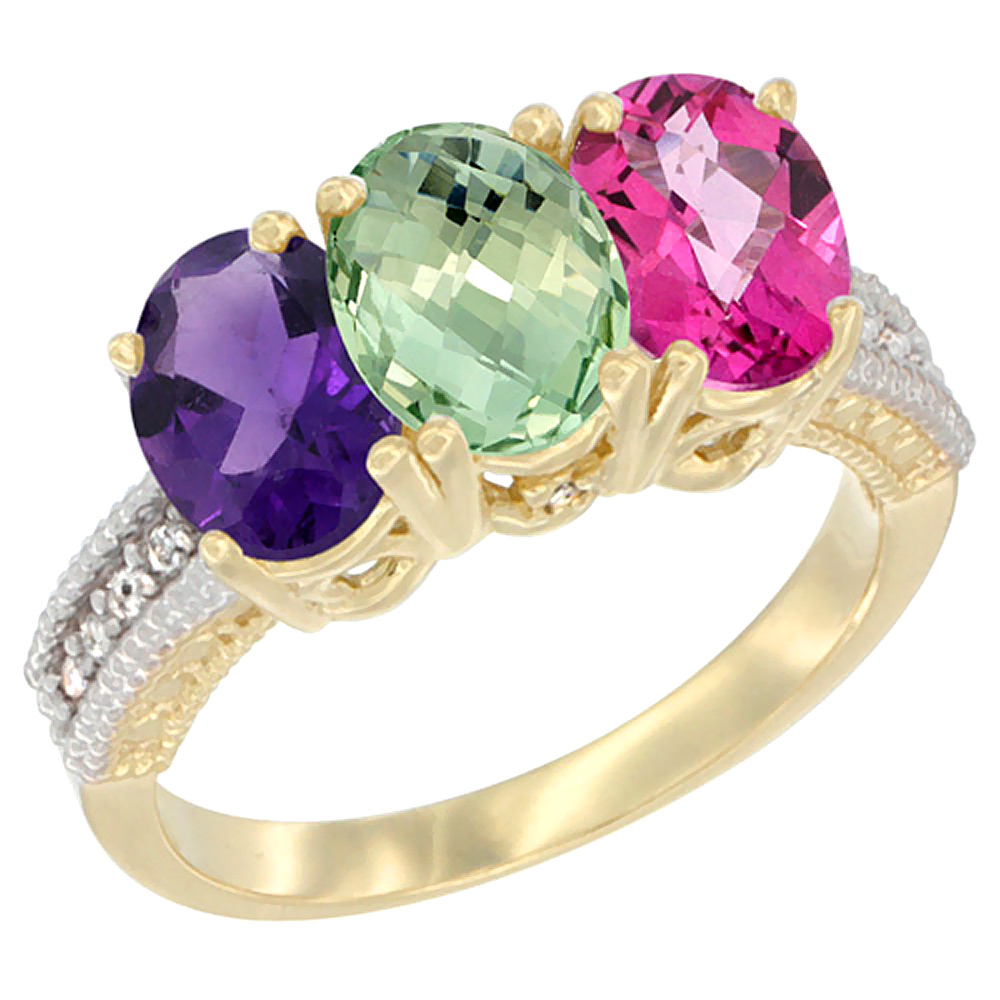 10K Yellow Gold Diamond Natural Purple &amp; Green Amethysts &amp; Pink Topaz Ring Oval 3-Stone 7x5 mm,sizes 5-10