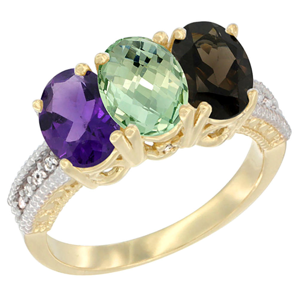 10K Yellow Gold Diamond Natural Purple &amp; Green Amethysts &amp; Smoky Topaz Ring Oval 3-Stone 7x5 mm,sizes 5-10