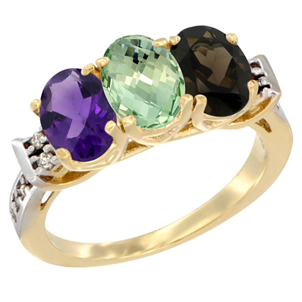 10K Yellow Gold Natural Amethyst, Green Amethyst &amp; Smoky Topaz Ring 3-Stone Oval 7x5 mm Diamond Accent, sizes 5 - 10
