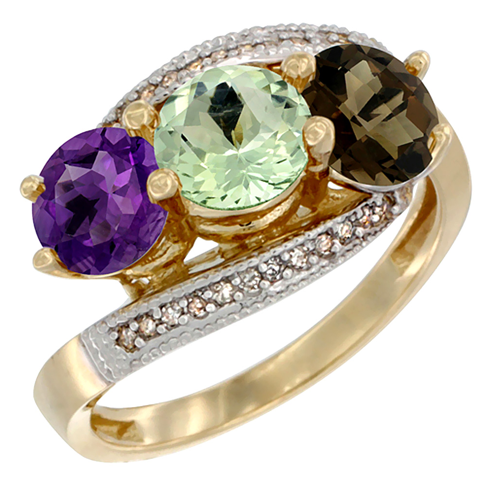 14K Yellow Gold Natural Amethyst, Green Amethyst &amp; Smoky Topaz 3 stone Ring Round 6mm Diamond Accent, sizes 5 - 10