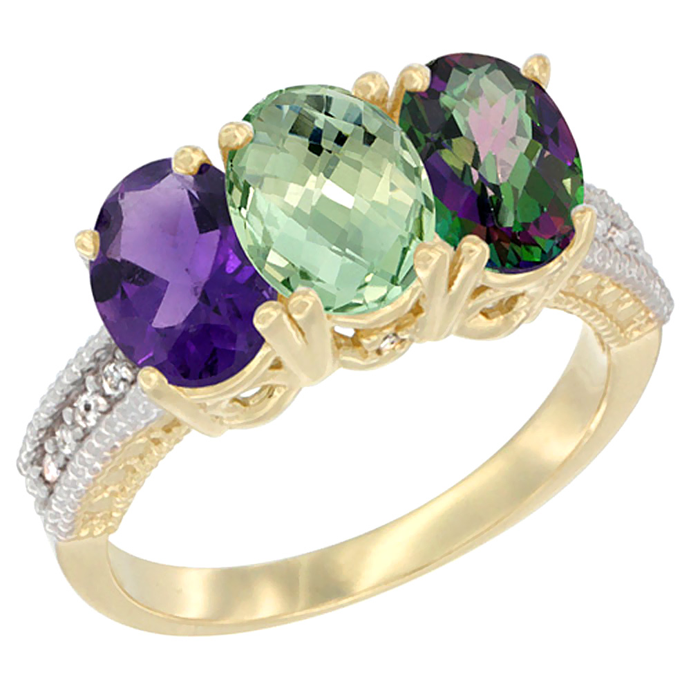 14K Yellow Gold Natural Amethyst, Green Amethyst &amp; Mystic Topaz Ring 3-Stone 7x5 mm Oval Diamond Accent, sizes 5 - 10