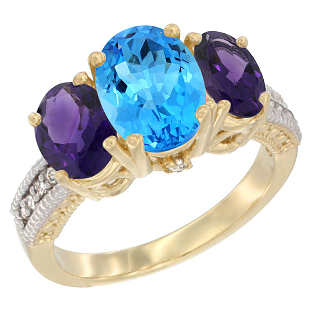 14K Yellow Gold Diamond Natural Swiss Blue Topaz Ring 3-Stone Oval 8x6mm with Amethyst, sizes5-10
