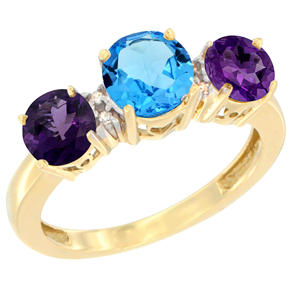 10K Yellow Gold Round 3-Stone Natural Swiss Blue Topaz Ring &amp; Amethyst Sides Diamond Accent, sizes 5 - 10