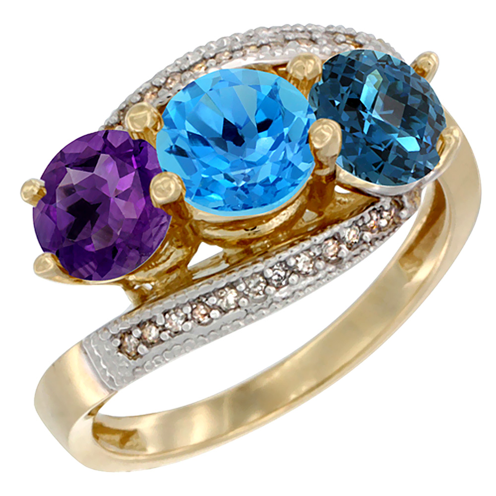 10K Yellow Gold Natural Amethyst, Swiss &amp; London Blue Topaz 3 stone Ring Round 6mm Diamond Accent, sizes 5 - 10