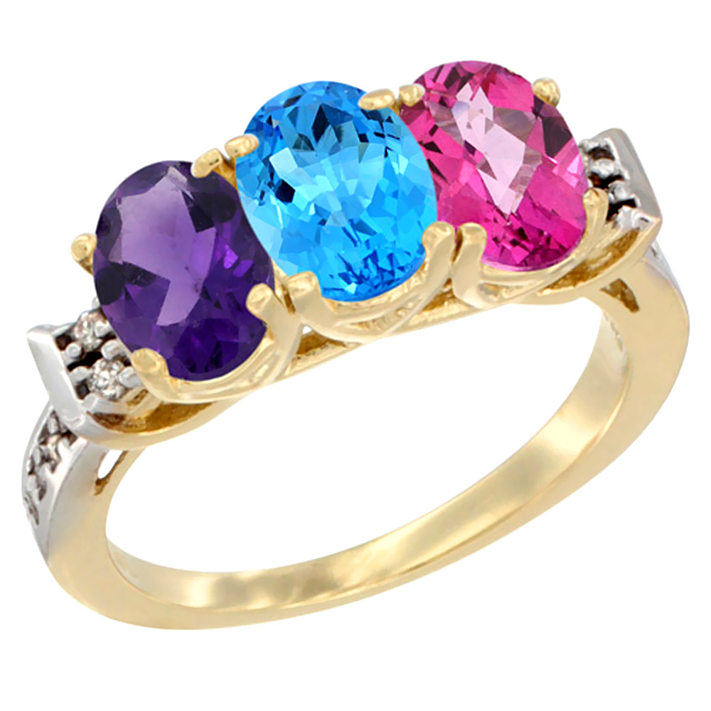 14K Yellow Gold Natural Amethyst, Swiss Blue Topaz &amp; Pink Topaz Ring 3-Stone 7x5 mm Oval Diamond Accent, sizes 5 - 10