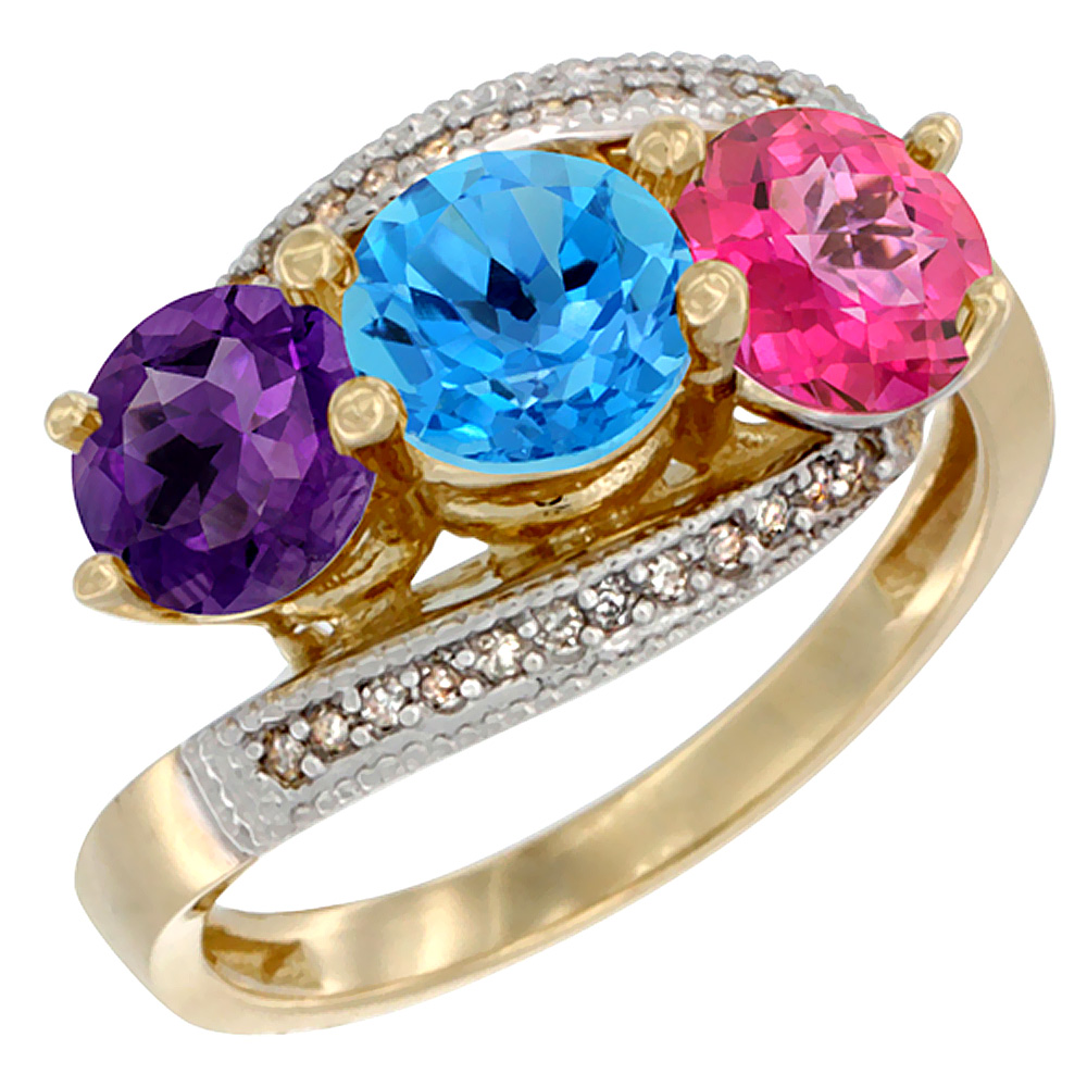 10K Yellow Gold Natural Amethyst, Swiss Blue &amp; Pink Topaz 3 stone Ring Round 6mm Diamond Accent, sizes 5 - 10