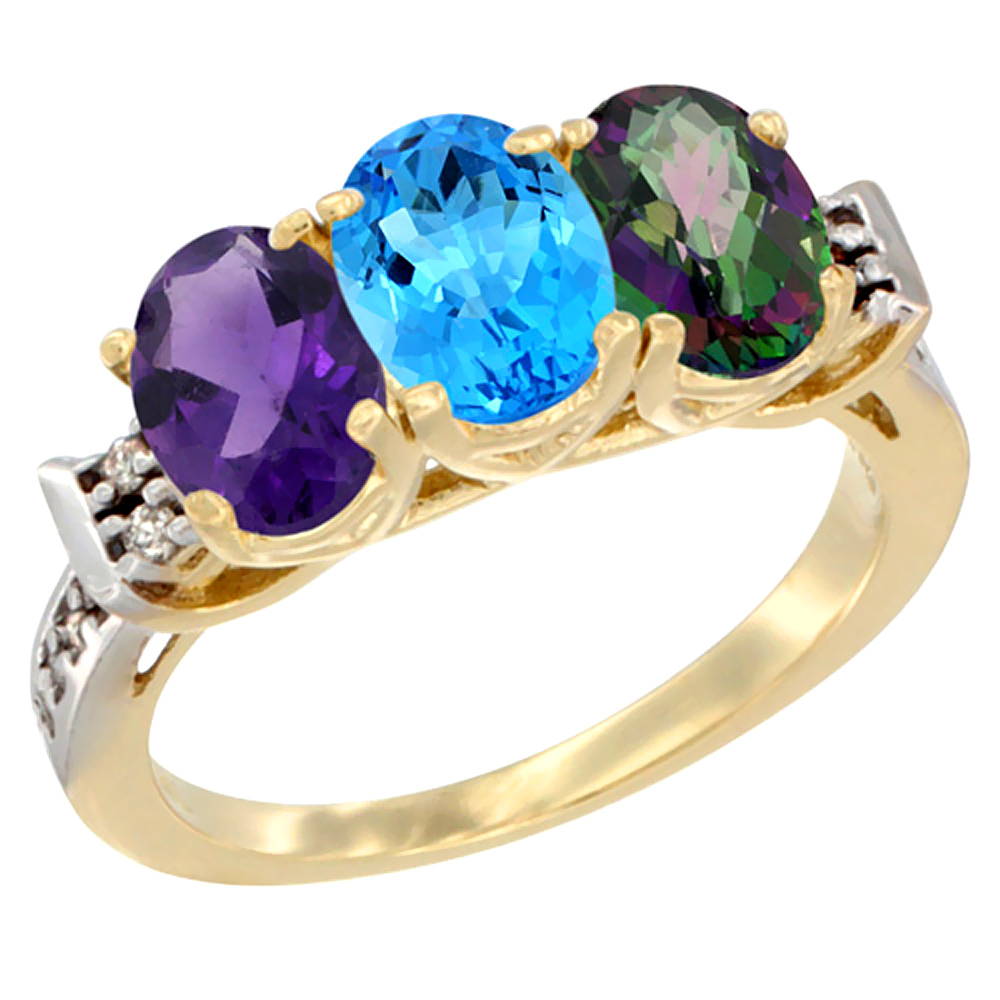 10K Yellow Gold Natural Amethyst, Swiss Blue Topaz &amp; Mystic Topaz Ring 3-Stone Oval 7x5 mm Diamond Accent, sizes 5 - 10