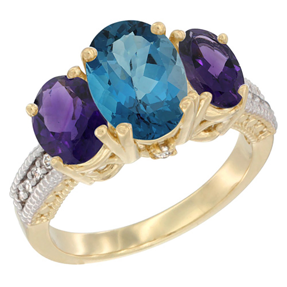 14K Yellow Gold Diamond Natural London Blue Topaz Ring 3-Stone Oval 8x6mm with Amethyst, sizes5-10